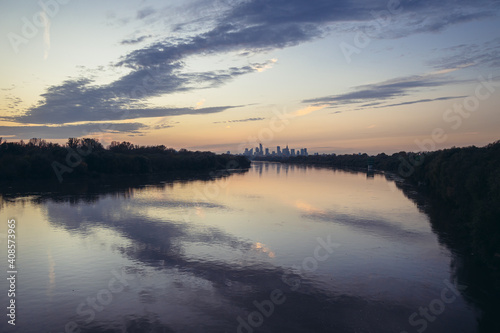 Evening view of Vistula River in Warsaw, view from Siekierkowski Bridge, Poland