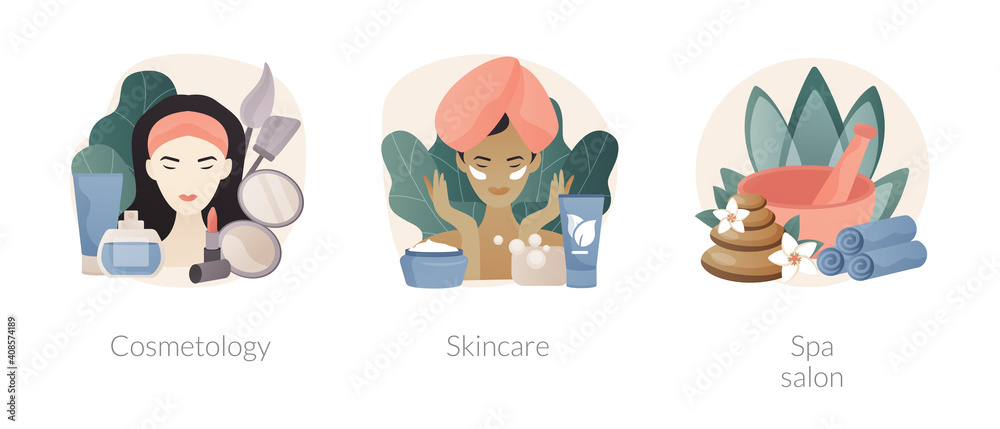 Beauty treatment abstract concept vector illustration set. Cosmetology and skincare, spa salon, anti age therapy, body care, wellness and relax massage, face natural cosmetic abstract metaphor. Beauty treatment abstract concept vector illustration set. Cosmetology and skincare, spa salon, anti age therapy, body care, wellness and relax massage, face natural cosmetic abstract metaphor.