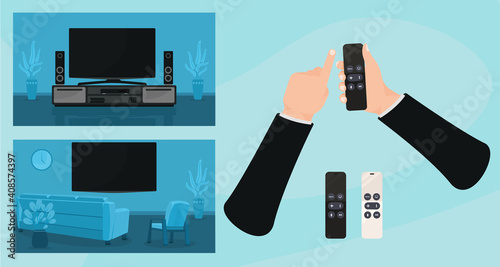 A man holding a remote control for a TV. Two backgrounds, home theater.