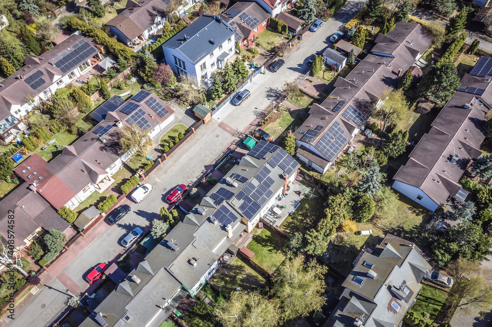 Drone view of terraced houses in Choszczowka area of Warsaw city, Poland Drone view of terraced houses in Choszczowka area of Warsaw city, Poland
