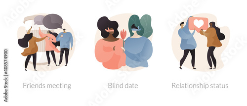 Social interactions abstract concept vector illustration set. Friends meeting, blind date, relationship status, leisure time, speed dating, first impression, soul mate, together abstract metaphor.