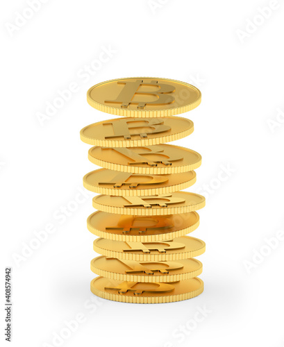 Bitcoin coins are falling into a stack isolated on white. 3d illustration 