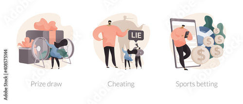 Online gambling abstract concept vector illustration set. Prize draw, cheating, sports betting, big prize winner, computer games, mobile app, promotional marketing, casino abstract metaphor.