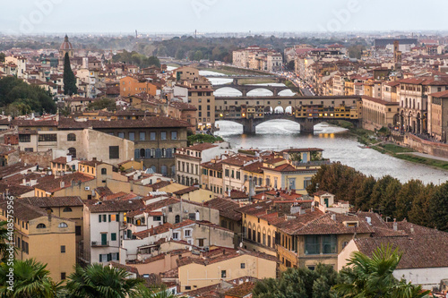 Aerial view of Florence, Italy. Ponte Vecchio (Old Bridge) and other bridges over the Arno River.