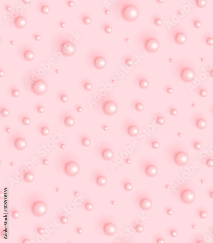 Pink pearls on a rose background. Geometric seamless pattern. Texture with rosy beads. Design template for covers, packaging, greeting cards, holiday decorations, textiles, wallpaper, interior
