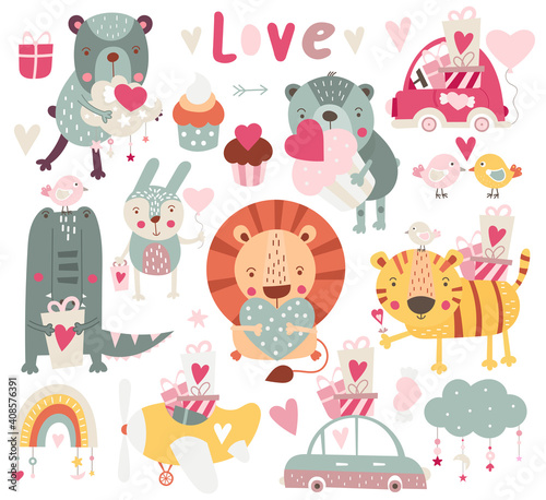 Fototapeta Naklejka Na Ścianę i Meble -  Happy Valentines day cute animals, decorations, sweets, clipart, love bug, rainbows isolated on white background. Valentine colorful collection. Vector illustration.