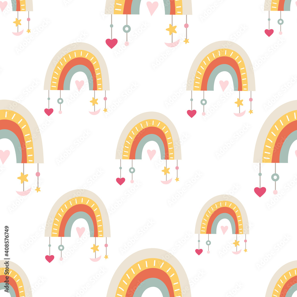 Seamless pattern for Valentines day design with boho rainbow and heart. Vector illustration for packaging. Pattern is cut, no clipping mask. Seamless pattern for Valentines day design with boho rainbow and heart. Vector illustration for packaging. Pattern is cut, no clipping mask.