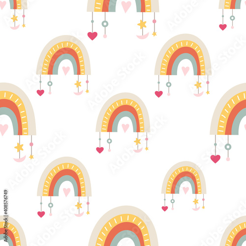 Seamless pattern for Valentines day design with boho rainbow and heart. Vector illustration for packaging. Pattern is cut, no clipping mask.