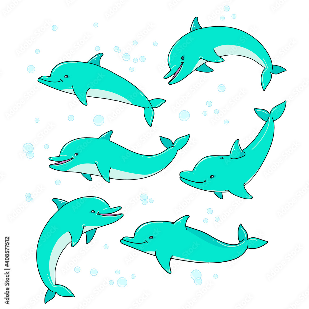 set of funny cartoon dolphin