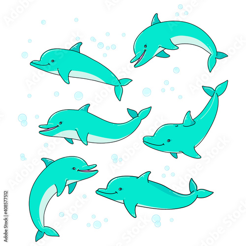 set of funny cartoon dolphin