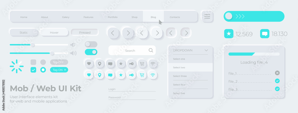 Vector UI UX kit for mobile applications, web and social media. Universal user interface template with realistic design, tools and buttons. Neumorphism icons and control elements on light background.