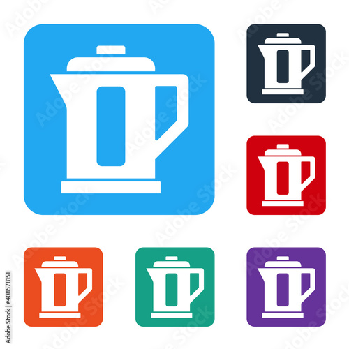 White Electric kettle icon isolated on white background. Teapot icon. Set icons in color square buttons. Vector.