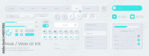 Vector UI UX kit for mobile applications, web and social media. Universal user interface template with realistic design, tools and buttons. Neumorphism icons and control elements on light background. photo