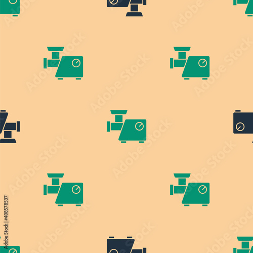 Green and black Kitchen meat grinder icon isolated seamless pattern on beige background. Vector.