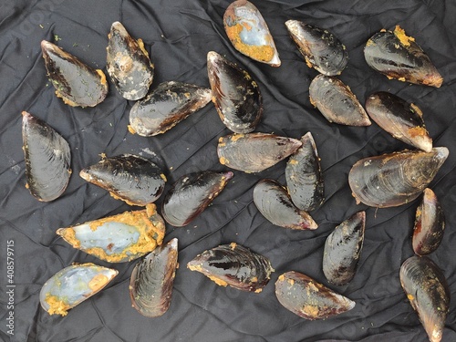 Mussels on  a black tablecloth