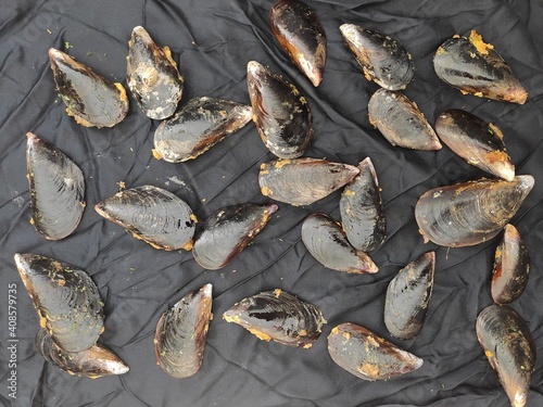 Mussels on  a black tablecloth