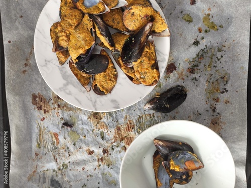 Mussels bowl on white baking paper
