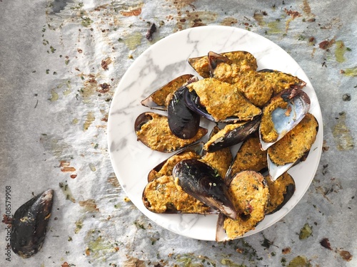 Mussels bowl on white baking paper