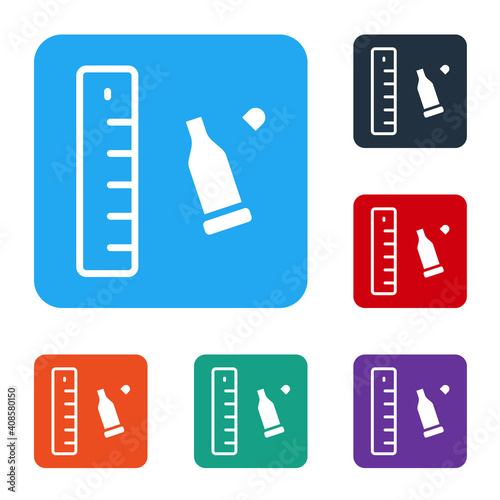White Bullet casing as a piece of evidence placed with forensic ruler for documentation icon isolated on white background. Concept of crime scene. Set icons in color square buttons. Vector.