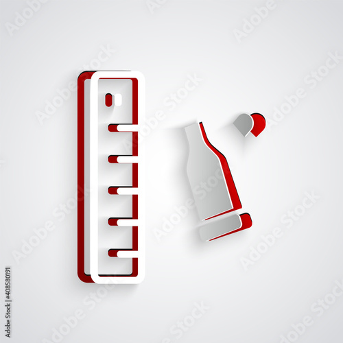 Paper cut Bullet casing as a piece of evidence placed with forensic ruler for documentation icon isolated on grey background. Concept of crime scene. Paper art style. Vector.