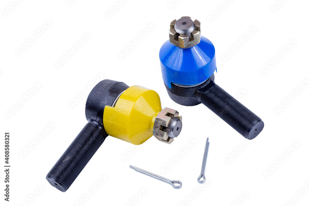 the tip of the transverse steering rod of a diesel Chinese truck, isolated on a white background. spare parts. view from two sides the tip of the transverse steering rod of a diesel Chinese truck, isolated on a white background. spare parts. view from two sides