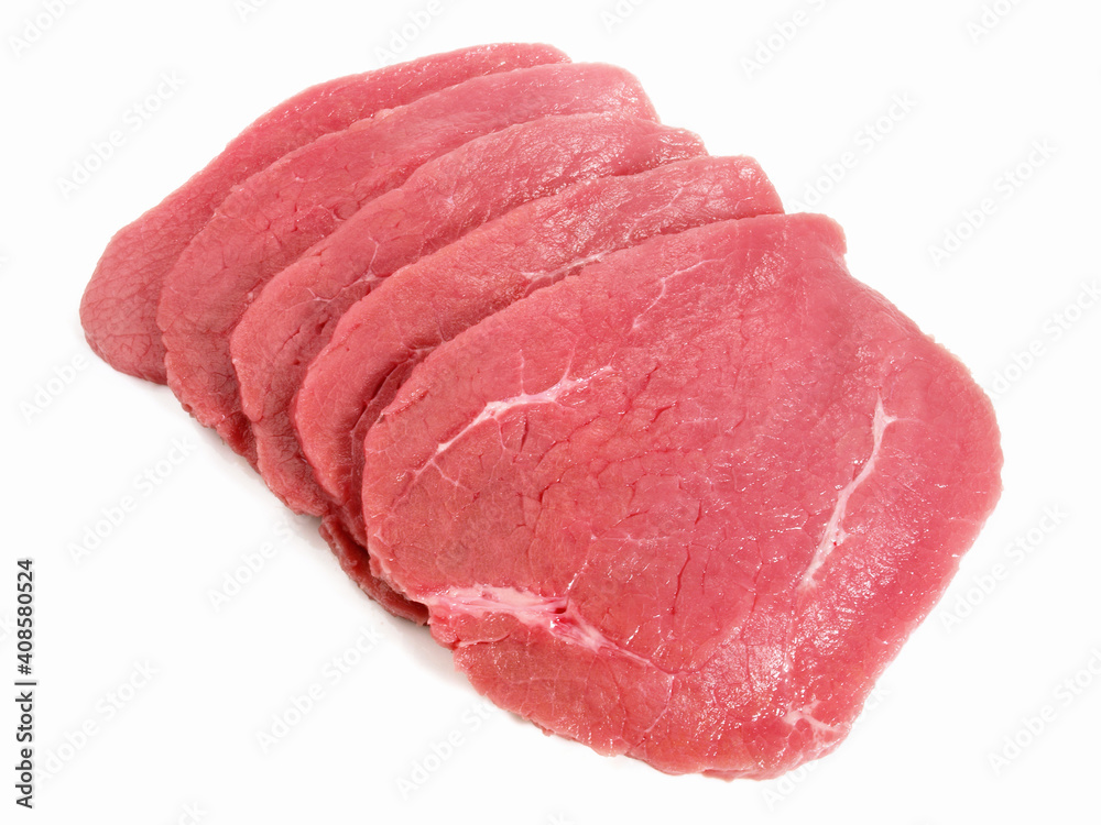 Raw Veal Meat Slices - Veal Schnitzel Isolated on white Background Raw Veal Meat Slices - Veal Schnitzel Isolated on white Background
