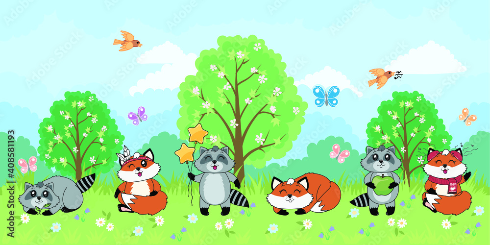 Naklejka premium Foxes and raccoons horizontal repeating border for children
