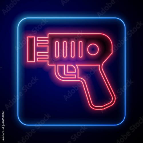 Glowing neon Police electric shocker icon isolated on blue background. Shocker for protection. Taser is an electric weapon. Vector.