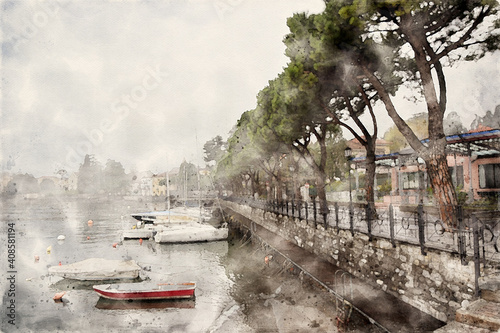 Waterfront promenade with pine trees and boats moored on Lake Como. Lenno, Comune di Tremezzina, Province of Como in Lombardy, Italy. Watercolor Illustration.