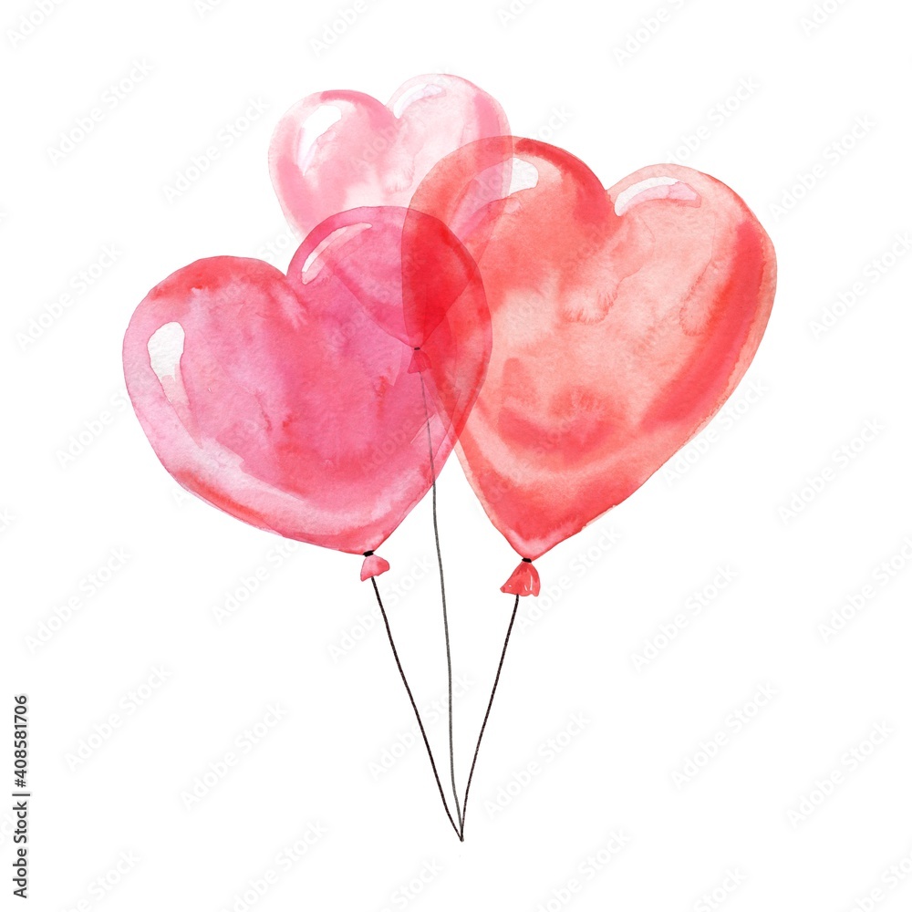 Watercolor heart shaped balloons on white background. Watercolour Valentine's day illustration.