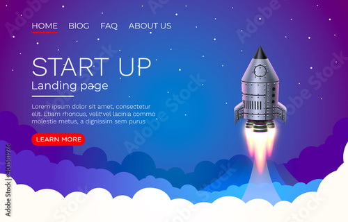 Start up idea Landing page screen, development technology, rocket banner. Vector