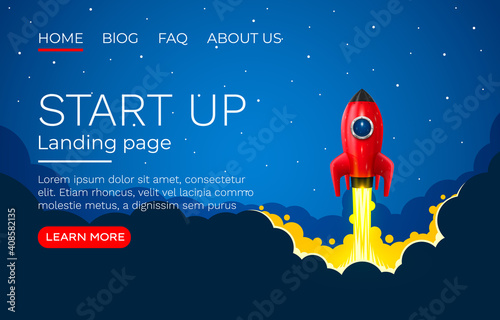 Start up idea Landing page screen, development technology, rocket banner. Vector