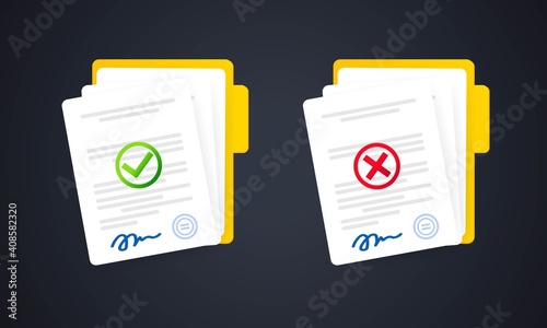 Contract document icon. Paper documents in folder with signature and text. Confirmed and declined document. Vector on isolated background. EPS 10