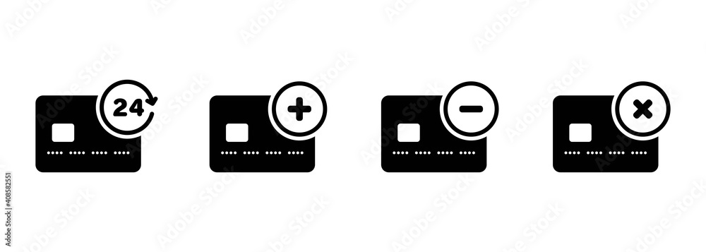 Credit card icon set. Minus, plus, 24 hours, cross mark sign. Can be used for topics like banking, finance, internet. Vector on isolated white background. EPS 10 Credit card icon set. Minus, plus, 24 hours, cross mark sign. Can be used for topics like banking, finance, internet. Vector on isolated white background. EPS 10