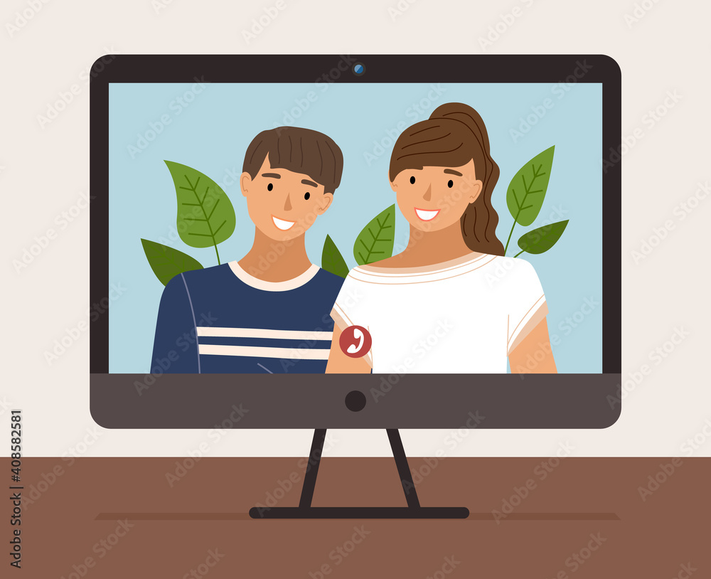 Friends talking to each other via video call, online conference, virtual meeting. Young man and woman on the computer monitor, communication with a colleague via webcam, distance telecommunication Friends talking to each other via video call, online conference, virtual meeting. Young man and woman on the computer monitor, communication with a colleague via webcam, distance telecommunication