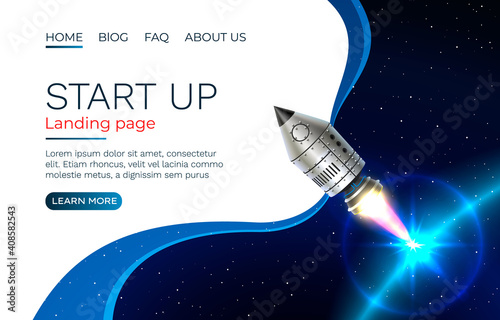 Start up idea Landing page screen, development technology, rocket banner. Vector