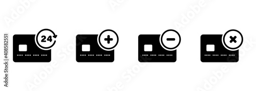 Credit card icon set. Minus, plus, 24 hours, cross mark sign. Can be used for topics like banking, finance, internet. Vector on isolated white background. EPS 10