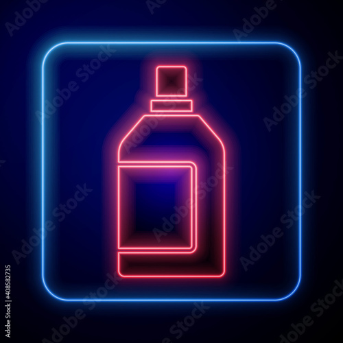 Glowing neon Plastic bottle for laundry detergent, bleach, dishwashing liquid or another cleaning agent icon isolated on blue background. Vector.