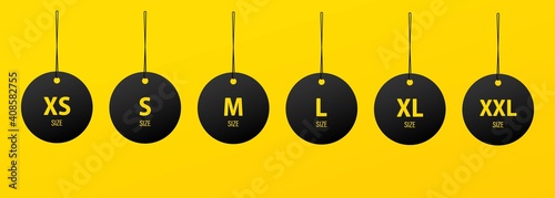 Clothing size label icon in black. Small, large and extra large sizes. XS, S, M, L, XL, XXL tags. Vector EPS 10. Isolated on white background