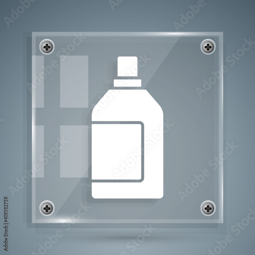 White Plastic bottle for laundry detergent, bleach, dishwashing liquid or another cleaning agent icon isolated on grey background. Square glass panels. Vector.