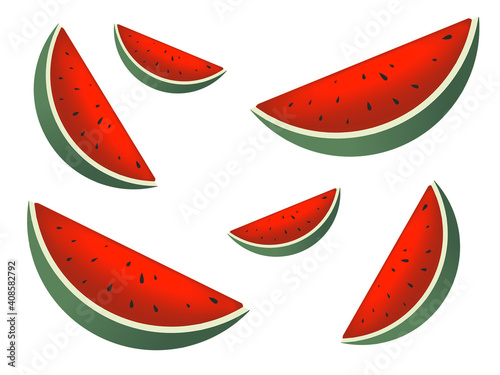 Fototapeta Naklejka Na Ścianę i Meble -  Summer food concept illustration isolated on white background. Watermelon and juicy slices. Concept for logo and label.