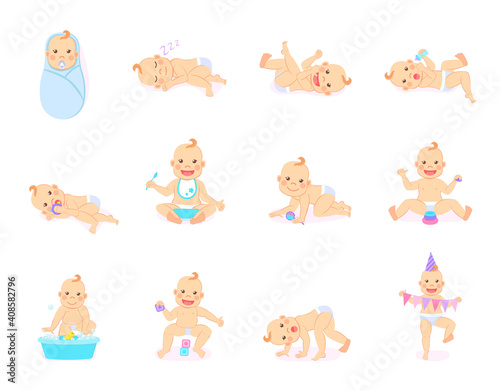 Cartoon set with cute little babies in diaper. Happy toddler plays with toy, birthday of baby, child learning to walk, baby smiling, child sits on potty, toddler crawling on the floor. Little kid