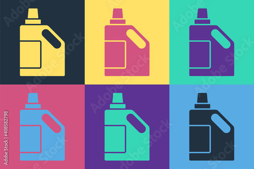 Pop art Plastic bottle for laundry detergent, bleach, dishwashing liquid or another cleaning agent icon isolated on color background. Vector.