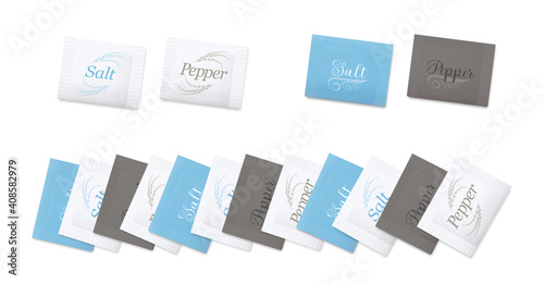 Salt an pepper sachets. Variuos paper envelopes to rip for seasoning, typical for restaurants, hotels, inns, guest houses, dining cars. Isolated vector illustration on white background.
