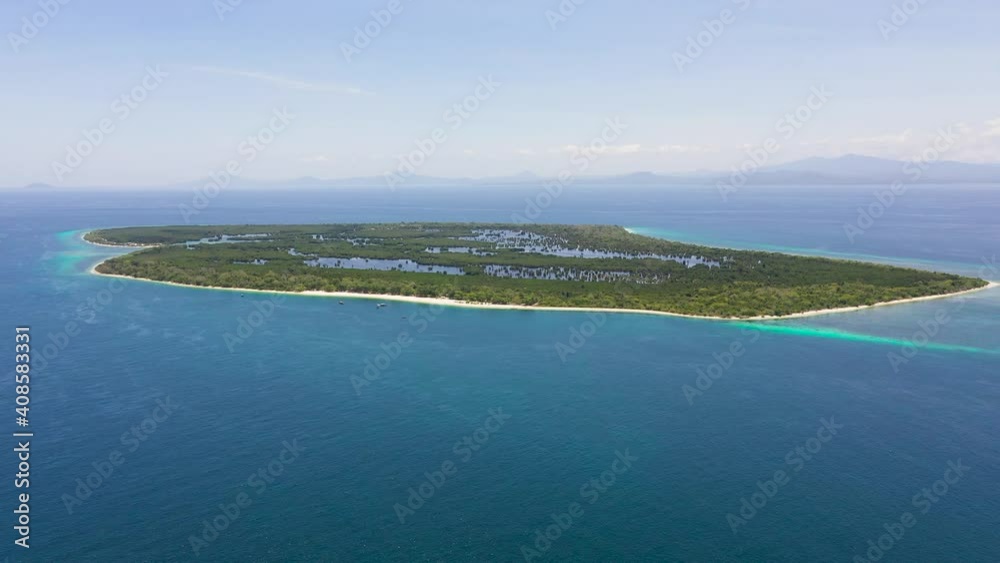 Aerial drone of sandy beach on a tropical island. Great Santa Cruz island. Zamboanga, Mindanao, Philippines. Aerial drone of sandy beach on a tropical island. Great Santa Cruz island. Zamboanga, Mindanao, Philippines.