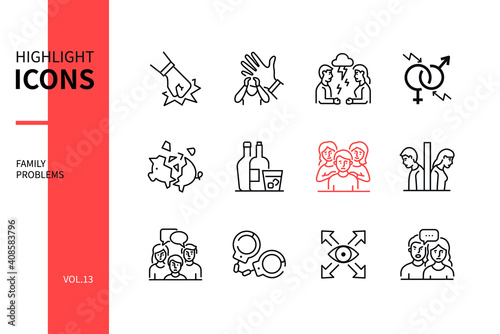 Family psychological problems - line design style icons set