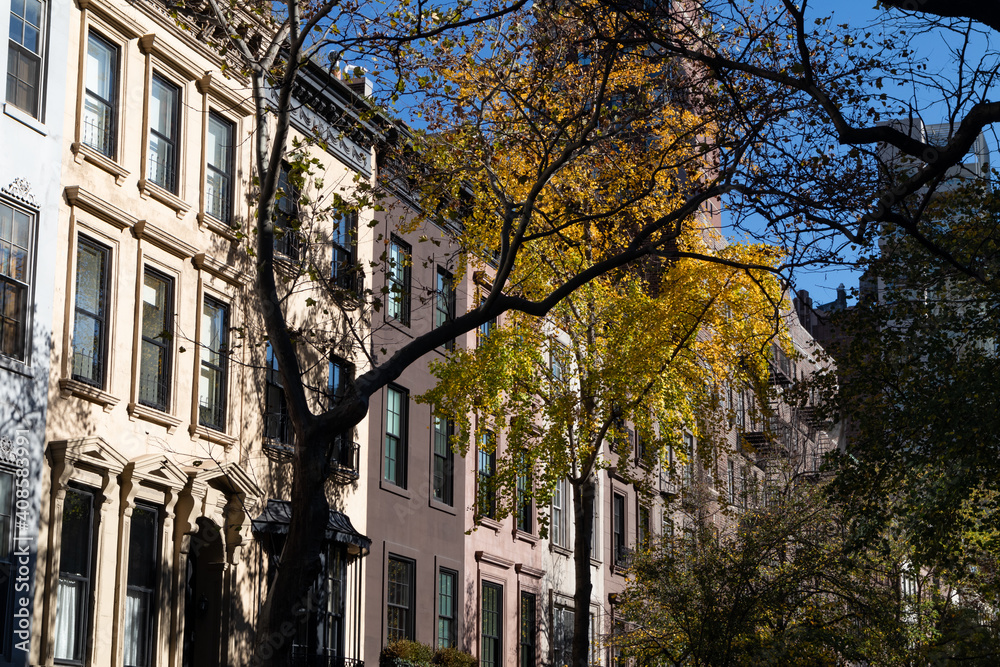 Fototapeta premium Row of Beautiful Old Brownstone Homes on the Upper East Side of New York City with Colorful Trees during Autumn