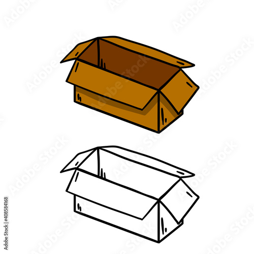 Box. Set of cardboard containers. Objects for packing and moving. Empty package. Parcel and mail. Hand drawn illustration