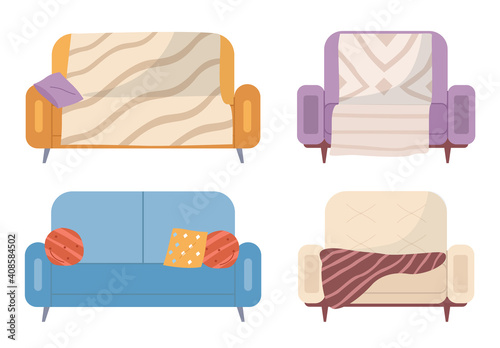 Set of sofa illustrations on theme of leisure furniture. Couch with colorful pillows vector. Sofas isolated on white background. Arrangement of furniture. Living room interior design divan elements