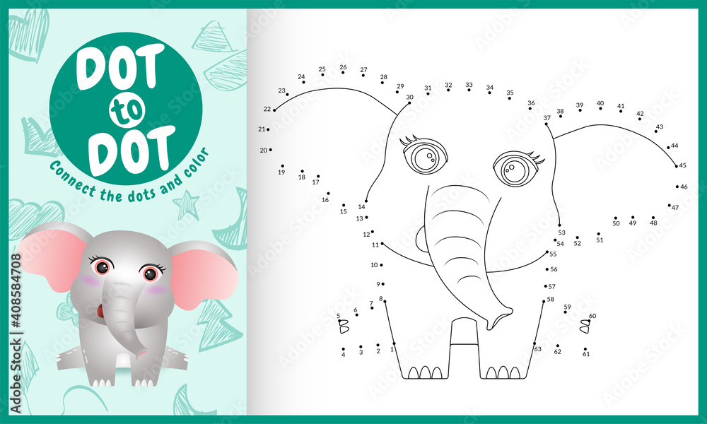 Fototapeta premium Connect the dots kids game and coloring page with a cute elephant character illustration
